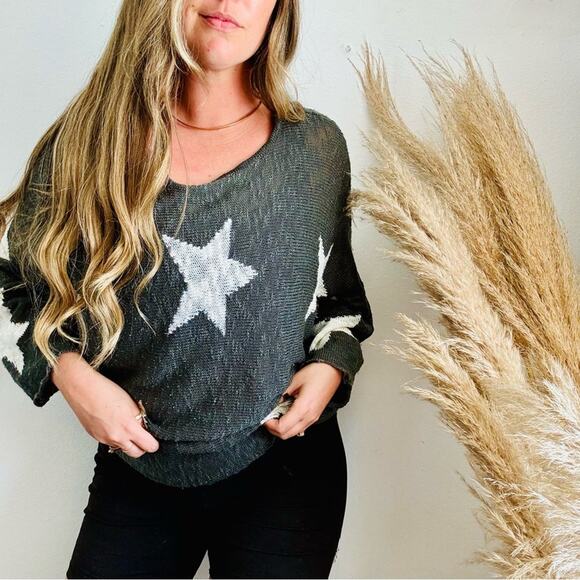 WISHLIST NORDSTROM Grey Gray White Stars Bold Chunky Knit Pullover Sweater M L - Picture 7 of 12